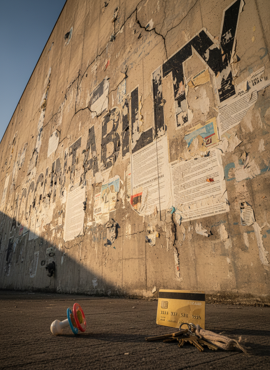 A bold, photographic realism image of a massive, cracked concrete wall painted with a large, peeling mural that reads “ACCOUNTABILITY” in all-caps block letters, each letter fractured and partially obscured by layers of old posters and legal-style notices. At the base of the wall, a scattering of symbolic objects lies abandoned: a broken baby rattle, an expired credit card, and a dusty set of house keys on a frayed keychain. Late-afternoon side lighting rakes across the rough surface, emphasizing texture and casting long, dramatic shadows that deepen the cracks in the paint. Shot at a low angle so the word towers overhead, the composition feels gritty, urban, and confrontational, capturing the uncompromising spirit of a reality show that exposes and challenges neglectful behavior.