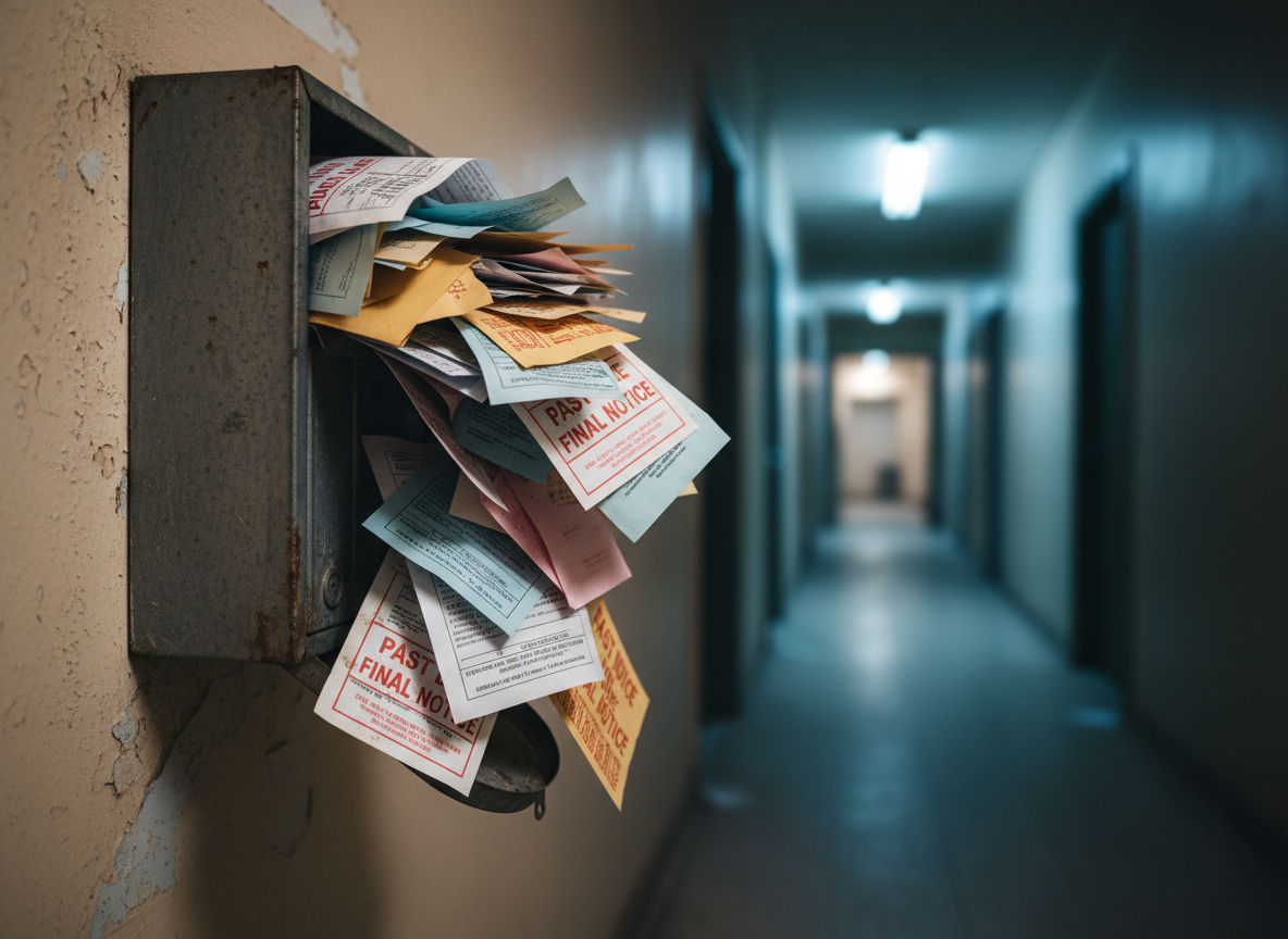 A pile of crumpled pastel-colored child support notices, court summons, and unopened official envelopes overflowing from a dented metal mailbox mounted on a run-down apartment wall. Each envelope bears bold “PAST DUE” and “FINAL NOTICE” stamps in angry red ink, the paper slightly curled and stained as if left untouched for months. The hallway is narrow, with peeling beige paint and flickering fluorescent lights that cast cold, bluish tones and long, dramatic shadows. Photographic realism, framed from a slightly low angle so the mound of ignored documents dominates the foreground, with the corridor receding into soft blur. The atmosphere is tense and unflinching, capturing a bold, investigative reality-show energy without any human presence.