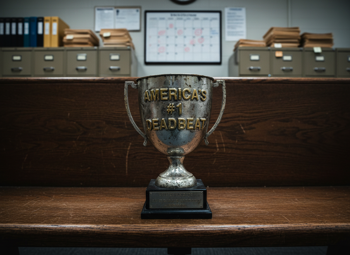 A stark, photographic realism image of a battered, metal-stamped trophy labeled “America’s #1 Deadbeat” sitting alone on a scratched courthouse-style wooden bench. The tarnished silver surface shows fingerprints, dents, and peeling gold paint, with the engraved title sharply legible. Behind it, out of focus, loom tall filing cabinets, manila folders, and a large wall calendar packed with overdue dates and red-circled deadlines. Overhead fluorescent office lighting casts harsh, unforgiving light that creates hard-edged shadows and emphasizes every imperfection in the trophy. Shot at eye level with a shallow depth of field, the composition centers the trophy, creating a bold, confrontational mood that feels like an accusation frozen in time.