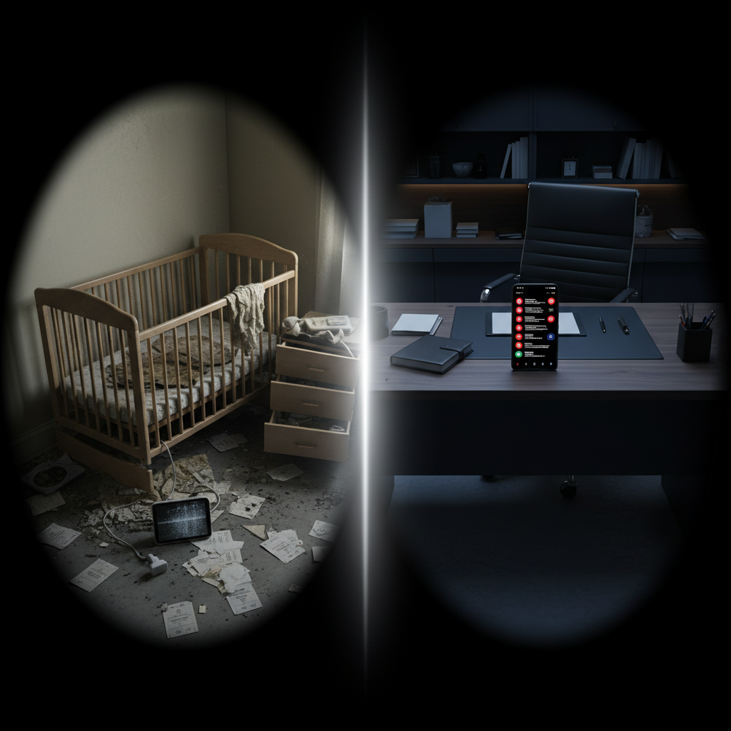 A split-screen style photographic realism composition rendered as a single image: on the left, a cluttered, neglected nursery corner with a dusty, empty crib, scattered unpaid bills on the floor, and a flickering, unplugged baby monitor; on the right, a sleek, high-end home office desk featuring a polished smartphone with dozens of missed-call icons and unread message notifications glowing on the screen. A vertical beam of harsh studio light divides the two halves, exaggerating the contrast between disarray and calculated avoidance. The surrounding space is dim, causing both environments to feel isolated in their own pools of light. Shot straight-on with balanced symmetry, the mood is bold, accusatory, and emotionally charged, mirroring the dramatic tone of a hard-hitting reality series.