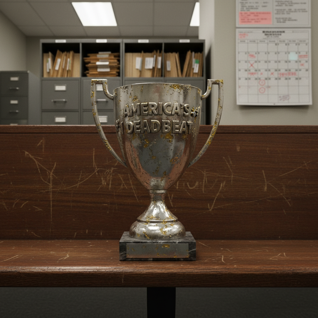 A stark, photographic realism image of a battered, metal-stamped trophy labeled “America’s #1 Deadbeat” sitting alone on a scratched courthouse-style wooden bench. The tarnished silver surface shows fingerprints, dents, and peeling gold paint, with the engraved title sharply legible. Behind it, out of focus, loom tall filing cabinets, manila folders, and a large wall calendar packed with overdue dates and red-circled deadlines. Overhead fluorescent office lighting casts harsh, unforgiving light that creates hard-edged shadows and emphasizes every imperfection in the trophy. Shot at eye level with a shallow depth of field, the composition centers the trophy, creating a bold, confrontational mood that feels like an accusation frozen in time.